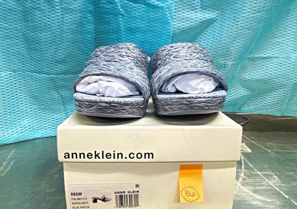 Anne Klein AKPalmer Blue Raffia Platform Block Heel Sandals Size 6